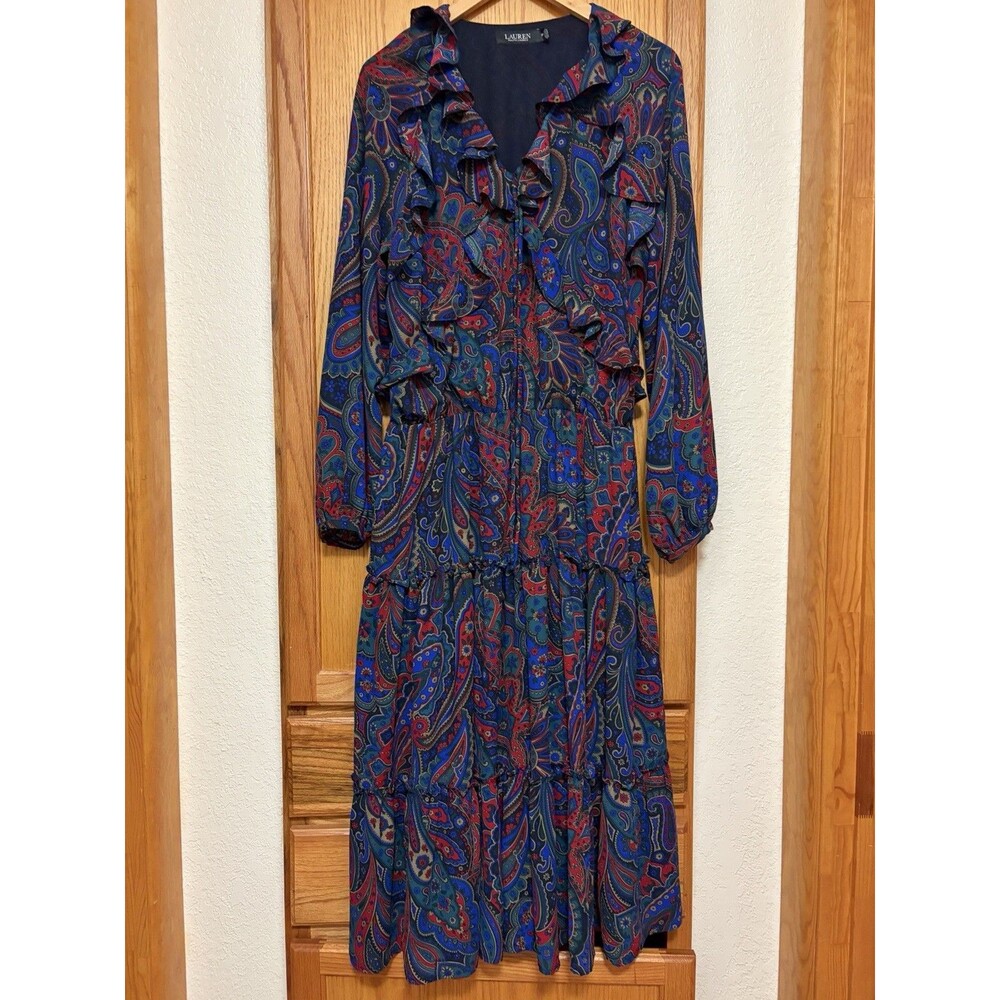 Lauren Ralph Lauren Georgette Paisley Tiered Ruffle Midi Dress 10 Petite Blue